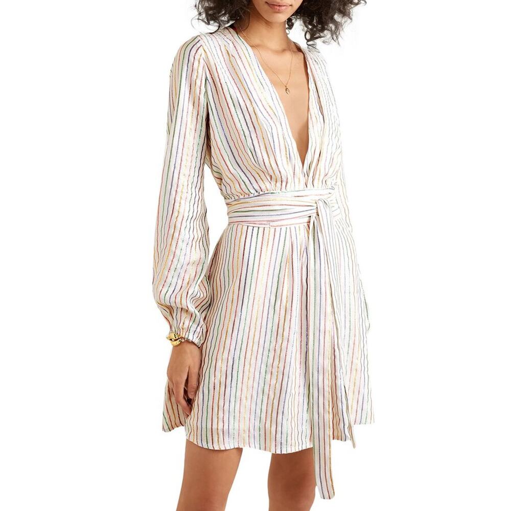Melissa Odabash Banks Mini Dress‎ Off-White Striped Belted Metallic Sz S